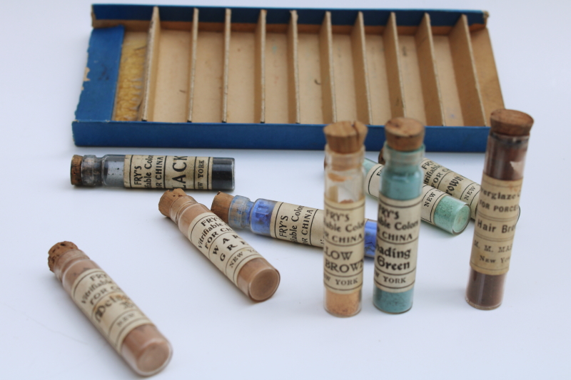 photo of antique vintage artists paint, tiny glass vials powdered color pigments for china painting #5