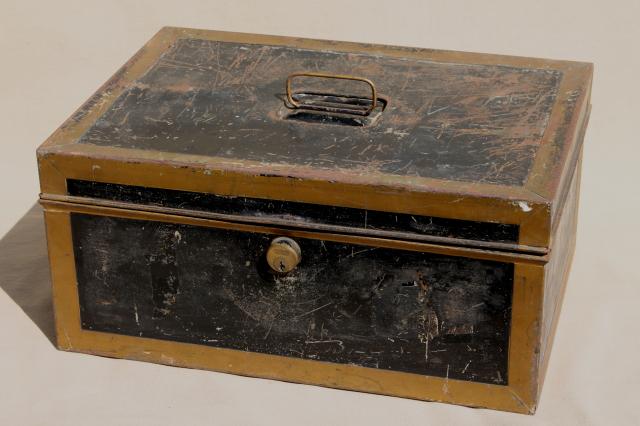 photo of antique vintage ballot box, large metal document box w/ old brass yale lock #1