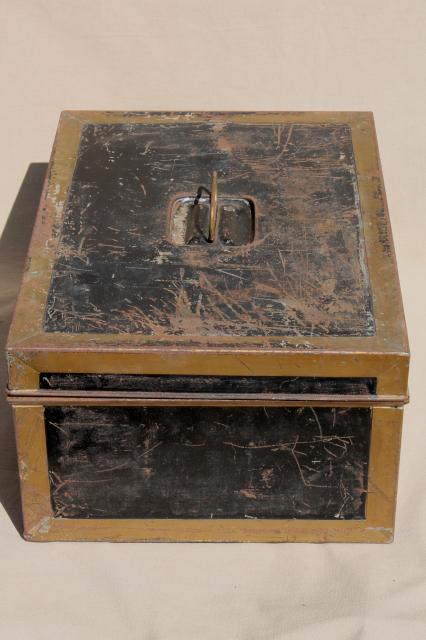 photo of antique vintage ballot box, large metal document box w/ old brass yale lock #6