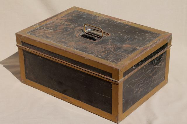 photo of antique vintage ballot box, large metal document box w/ old brass yale lock #7
