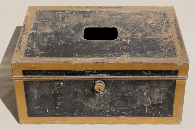 photo of antique vintage ballot box, large metal document box w/ old brass yale lock #8