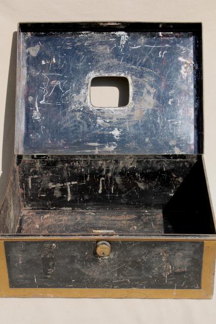 photo of antique vintage ballot box, large metal document box w/ old brass yale lock #11