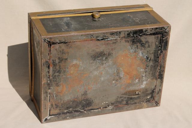 photo of antique vintage ballot box, large metal document box w/ old brass yale lock #13