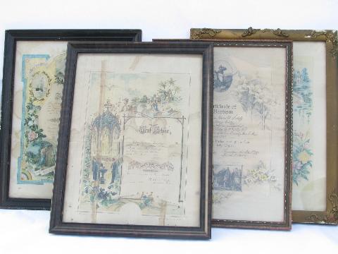 photo of antique vintage baptismal, confirmation, marriage certificates, lovely colors, old wood frames #1