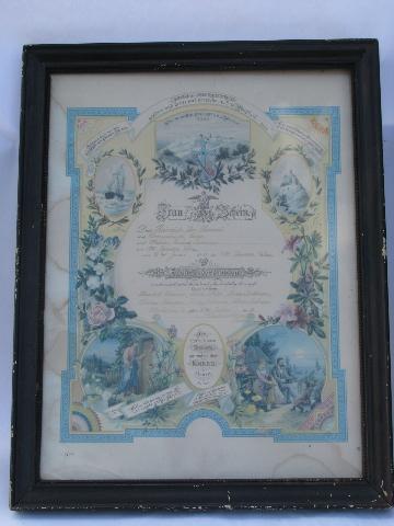 photo of antique vintage baptismal, confirmation, marriage certificates, lovely colors, old wood frames #2