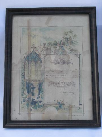 photo of antique vintage baptismal, confirmation, marriage certificates, lovely colors, old wood frames #4
