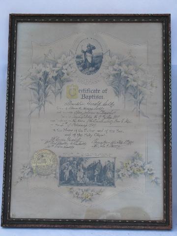photo of antique vintage baptismal, confirmation, marriage certificates, lovely colors, old wood frames #6