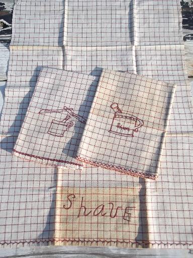 photo of antique vintage barber shop shaving towels, redwork cotton embroidery #1