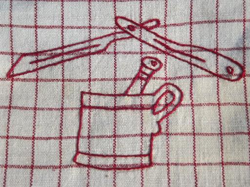 photo of antique vintage barber shop shaving towels, redwork cotton embroidery #2