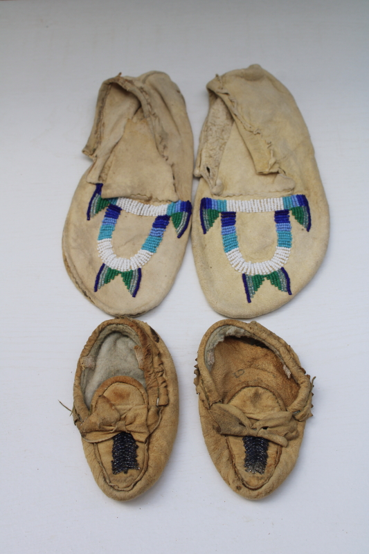 photo of antique vintage beaded leather deerskin Indian moccasins child & baby size, handcrafted Native American #1