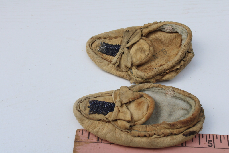 photo of antique vintage beaded leather deerskin Indian moccasins child & baby size, handcrafted Native American  #4