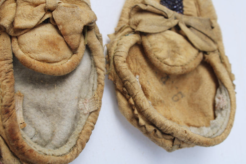 photo of antique vintage beaded leather deerskin Indian moccasins child & baby size, handcrafted Native American  #5
