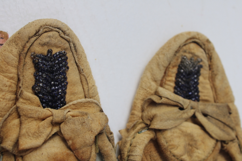 photo of antique vintage beaded leather deerskin Indian moccasins child & baby size, handcrafted Native American  #6