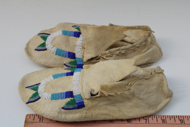 photo of antique vintage beaded leather deerskin Indian moccasins child & baby size, handcrafted Native American  #8