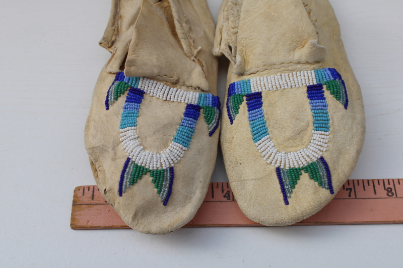 photo of antique vintage beaded leather deerskin Indian moccasins child & baby size, handcrafted Native American  #9
