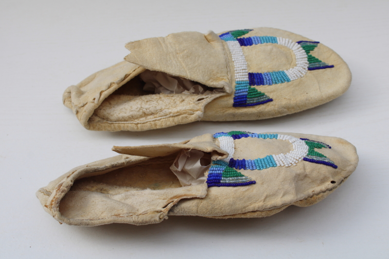 photo of antique vintage beaded leather deerskin Indian moccasins child & baby size, handcrafted Native American  #10