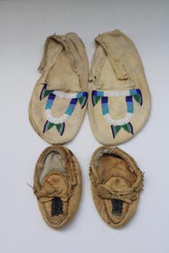 catalog photo of antique vintage beaded leather deerskin Indian moccasins child & baby size, handcrafted Native American 