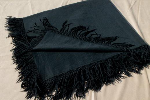 photo of antique vintage black wool shawl, mourning dress shawl w/ long knotted fringe #1