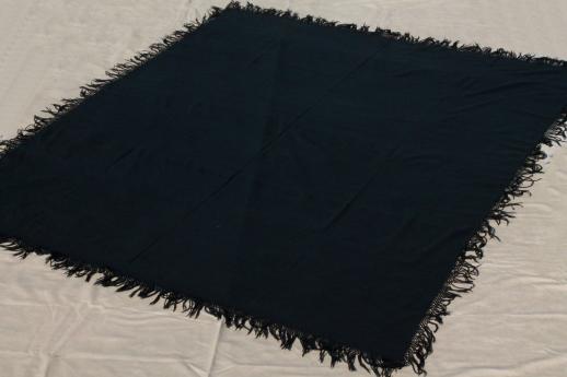 photo of antique vintage black wool shawl, mourning dress shawl w/ long knotted fringe #2