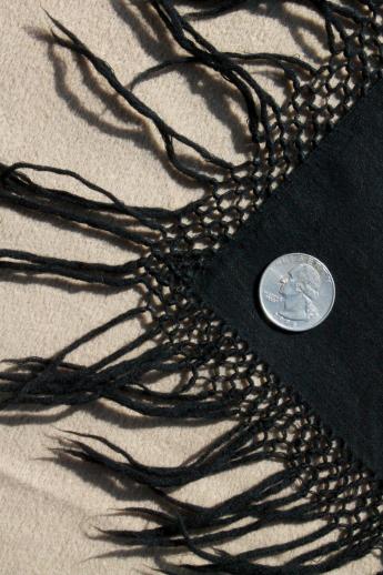 photo of antique vintage black wool shawl, mourning dress shawl w/ long knotted fringe #5