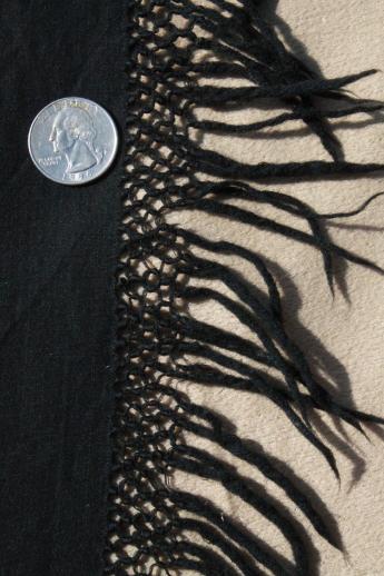 photo of antique vintage black wool shawl, mourning dress shawl w/ long knotted fringe #6