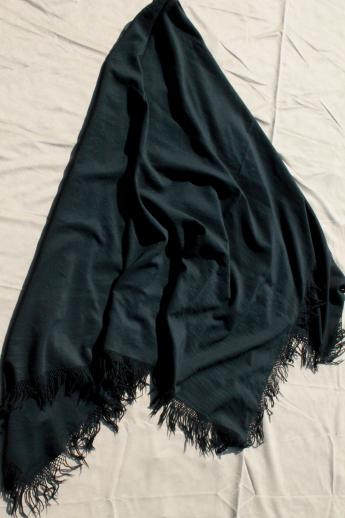 photo of antique vintage black wool shawl, mourning dress shawl w/ long knotted fringe #8