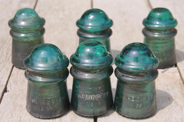 photo of antique vintage blue glass insulators, 1890s Hemingray telephone / telegraph insulator lot #1