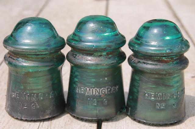 photo of antique vintage blue glass insulators, 1890s Hemingray telephone / telegraph insulator lot #3