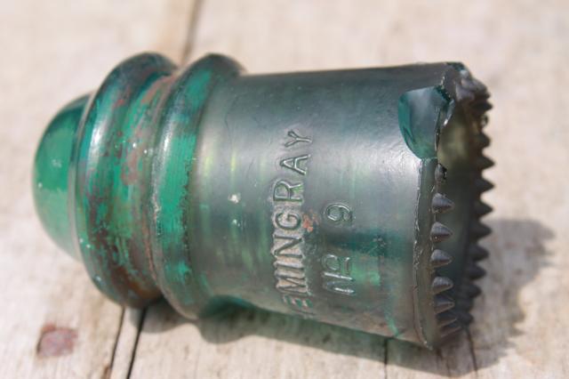 photo of antique vintage blue glass insulators, 1890s Hemingray telephone / telegraph insulator lot #7