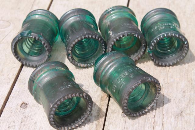 photo of antique vintage blue glass insulators, 1890s Hemingray telephone / telegraph insulator lot #9