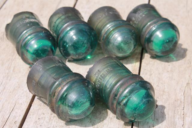 photo of antique vintage blue glass insulators, 1890s Hemingray telephone / telegraph insulator lot #10