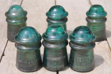 catalog photo of antique vintage blue glass insulators, 1890s Hemingray telephone / telegraph insulator lot