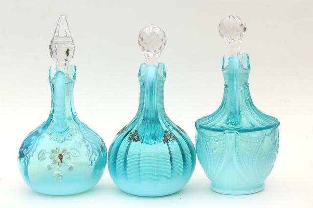 photo of antique vintage blue opalescent glass cruet bottles, aqua colored glass #2