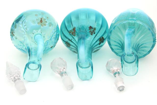 photo of antique vintage blue opalescent glass cruet bottles, aqua colored glass #3