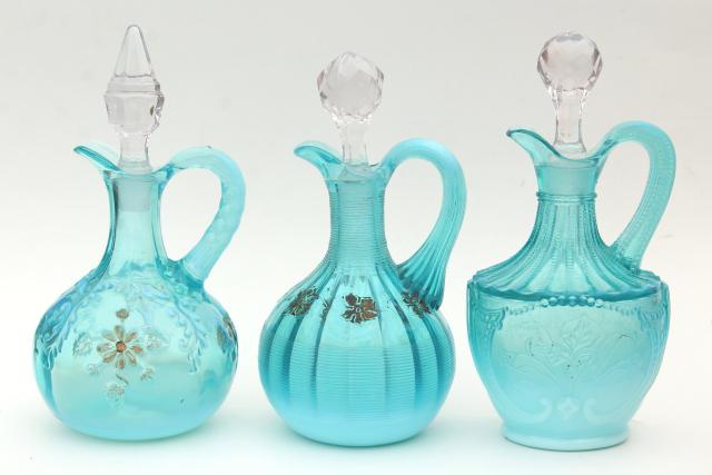 photo of antique vintage blue opalescent glass cruet bottles, aqua colored glass #5