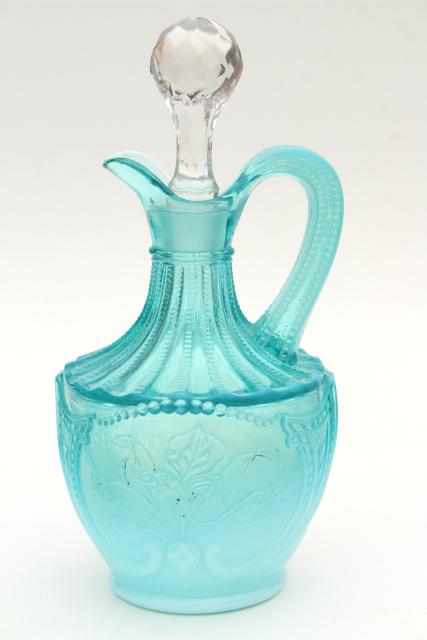 photo of antique vintage blue opalescent glass cruet bottles, aqua colored glass #6