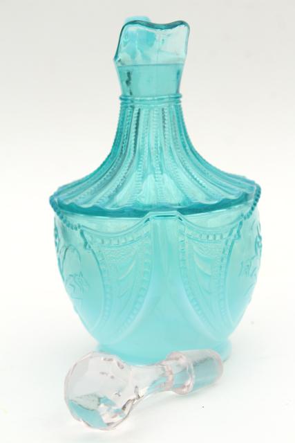 photo of antique vintage blue opalescent glass cruet bottles, aqua colored glass #7