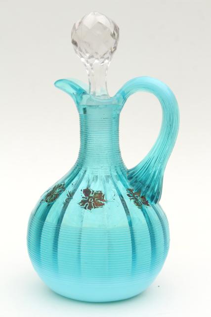photo of antique vintage blue opalescent glass cruet bottles, aqua colored glass #8