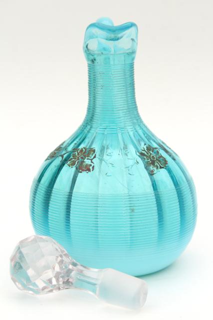 photo of antique vintage blue opalescent glass cruet bottles, aqua colored glass #9