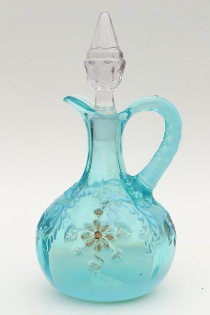photo of antique vintage blue opalescent glass cruet bottles, aqua colored glass #10