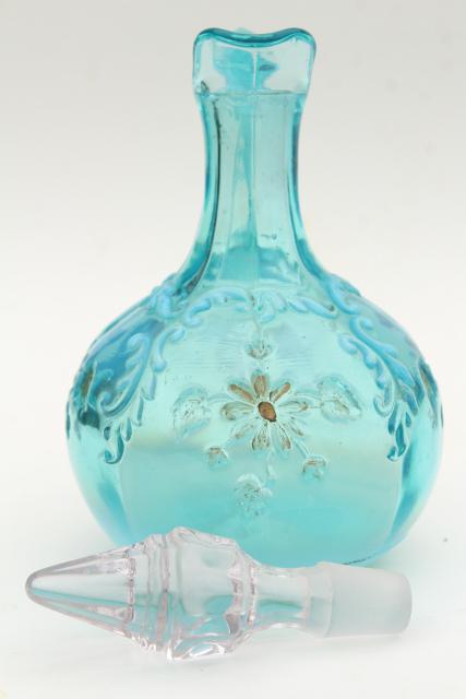 photo of antique vintage blue opalescent glass cruet bottles, aqua colored glass #11