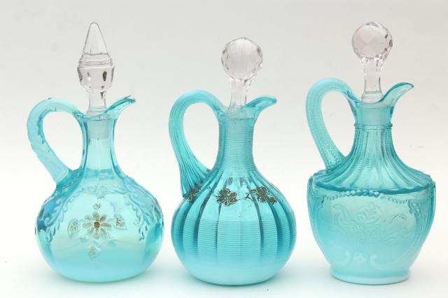 photo of antique vintage blue opalescent glass cruet bottles, aqua colored glass #12