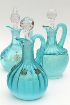 catalog photo of antique vintage blue opalescent glass cruet bottles, aqua colored glass