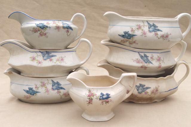 photo of antique vintage bluebird china dishes, collection of sauce pitchers & creamers #1