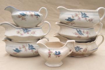 catalog photo of antique vintage bluebird china dishes, collection of sauce pitchers & creamers