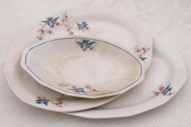 photo of antique vintage bluebird china dishes, shabby chic serving platters or trays #5