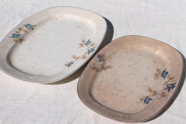 photo of antique vintage bluebird china dishes, shabby chic serving platters or trays #3