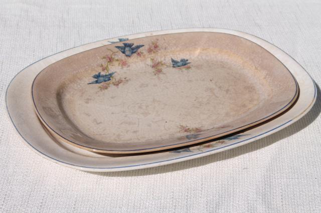 photo of antique vintage bluebird china dishes, shabby chic serving platters or trays #5