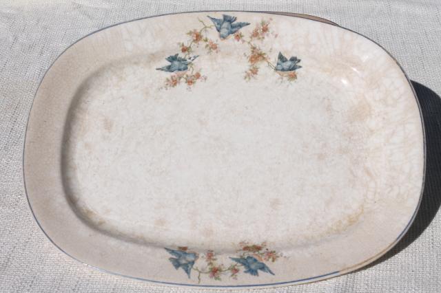 photo of antique vintage bluebird china dishes, shabby chic serving platters or trays #9