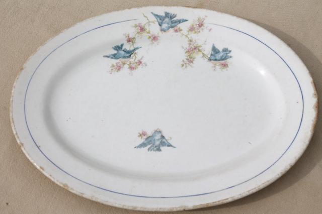 photo of antique vintage bluebird china dishes, shabby chic serving platters or trays #3